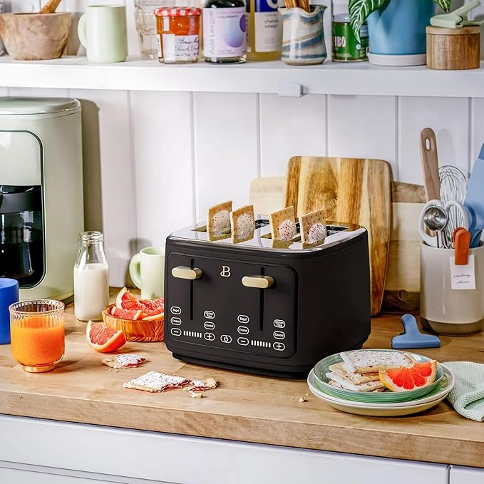 4 Slice Toaster with Touch Control Panel 1800W Fast Heating 7 Toast Shade Levels Extra Wide Slots for Bagels Removable Crumb Tray (Black Sesame)