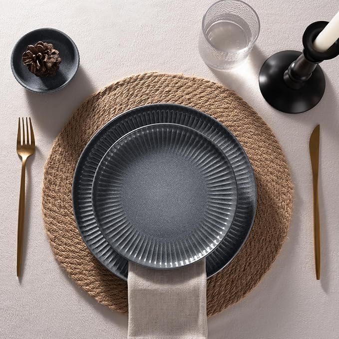 Famiware Starlight Plates and Bowls Dishes Set of 4 (12 Pieces) Ribbed Textured Stoneware Dinnerware Sets- Dishwasher &amp Microwave Safe Chip Resistant Matte Midnight Grey