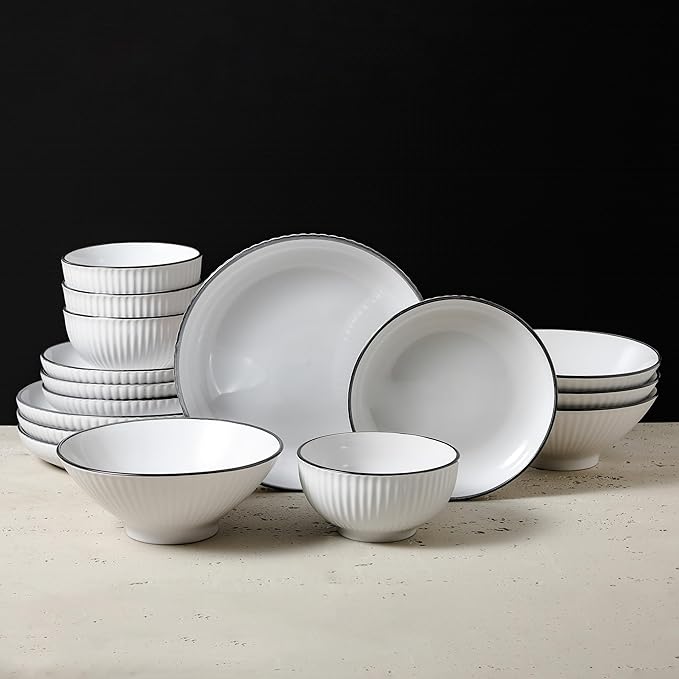 Christian Siriano Lustra Modern 16-Piece Stoneware Dinnerware Set Plates and Bowls Set Dinner and Salad Plates Ramen Bowls Dishes for 4 White