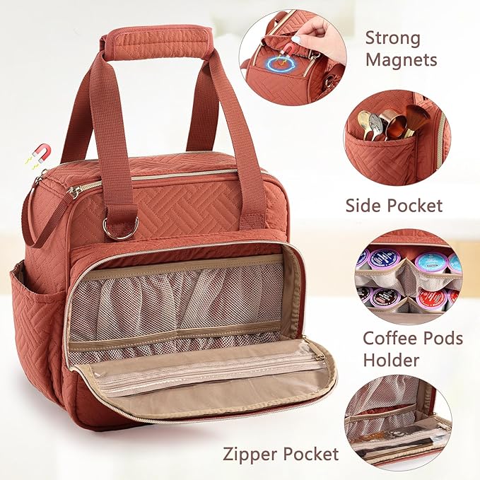 BAGSPRITE Coffee Maker Travel Bag Compatible with Keurig K-Mini Mate Full Open Carrying Case with Quilted Padded Soft Microfiber K--Cup Single Serve Coffee Maker Bag with Pod Organizer Mug Pockets
