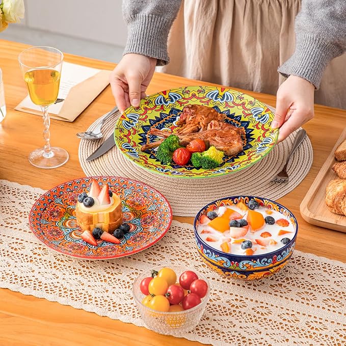 vancasso 18-Piece Dinnerware SetsCeramic Plates and Bowls Sets Service for 6 Bohemian Style Porcelain Dishes Set for 6 Microwave and Dishwasher Safe Scratch ResistantNon Toxic Series KRVI