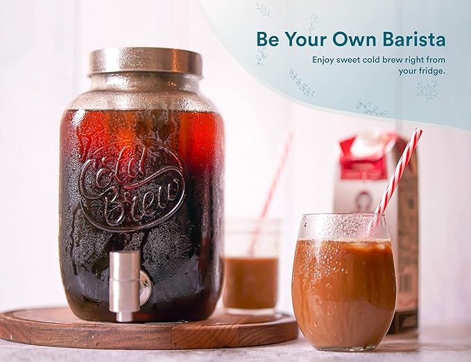 Kook 1 Gallon Mason Jar Drink Dispenser Thick Glass Carafe Stainless Steel Spigot and Mesh Filter Premium Iced Coffee Maker Cold Brew Pitcher &amp Tea Infuser