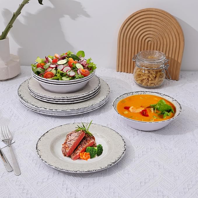 Melamine Dinnerware Set for 4 12-Piece Rusty Gray – BPA-Free Dishwasher-Safe Plates &amp Bowls for Indoor Outdoor Dining Portable and Reusable