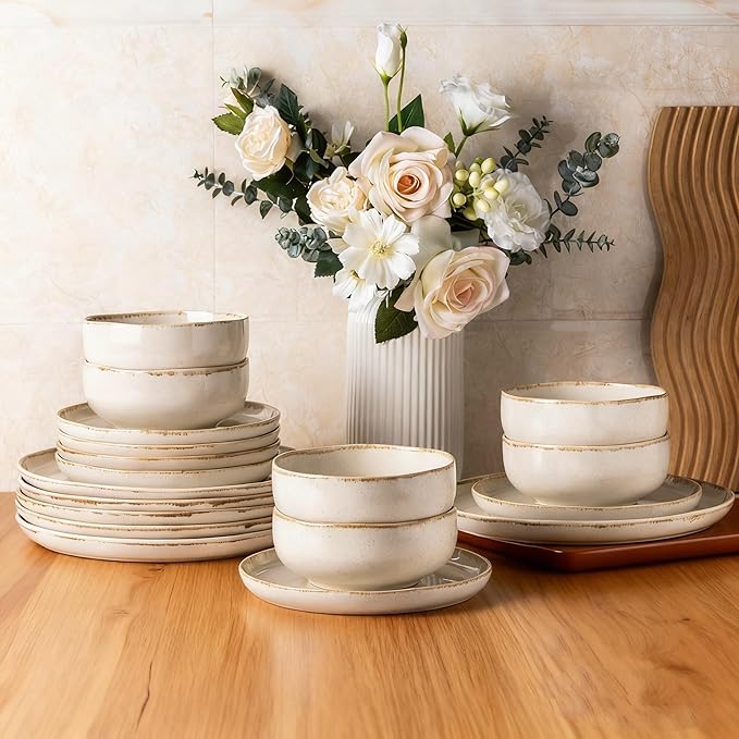 AmorArc Ceramic Dinnerware Sets Wavy Rim Stoneware Plates and Bowls Sets Highly Scratch Resistant | Dishwasher &amp Microwave Dishes set Service for 6 (18pc)-Speckled Cappuccino
