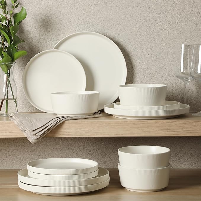 Gibson Home Dempsey Road 12-Piece Stoneware Dinnerware Set – Service for 4 Round White Plates and Bowls Durable Solid Color Modern Embossed Dish Set Microwave &amp Dishwasher Safe