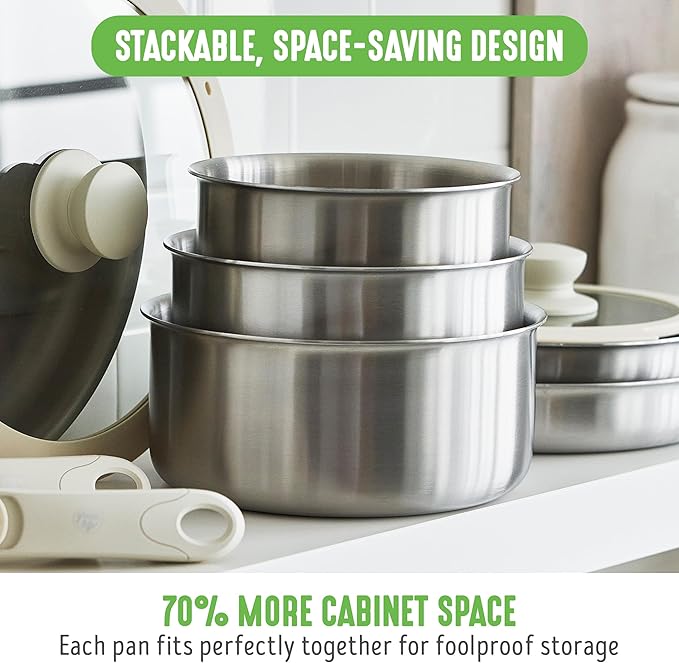 GreenLife 10 Piece Stainless Steel Pots and Pans Detachable &amp Stackable Kitchen Set Tri Ply Clad PFAS Free Cookware Space Saving with Removable Handle Induction &amp Oven Safe RV Cookware G