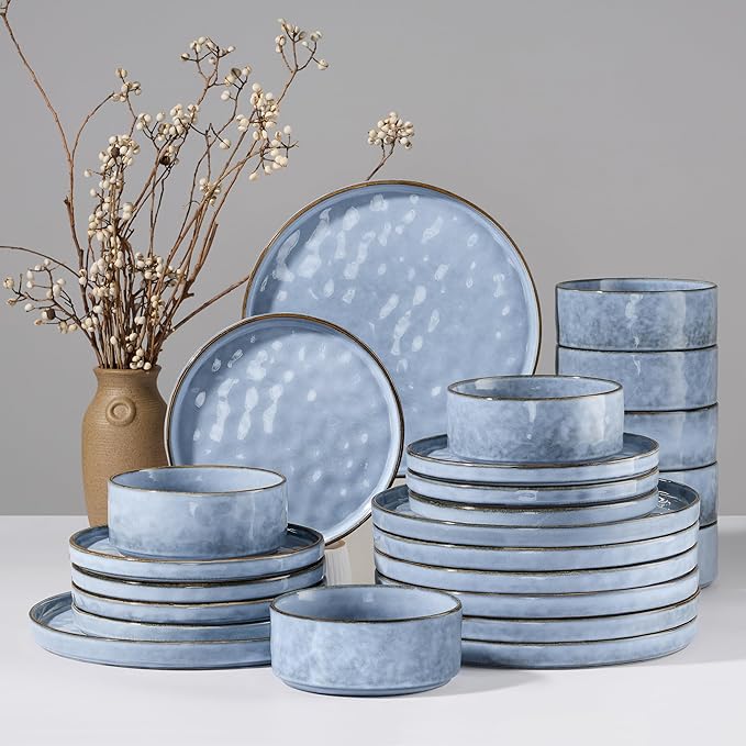 HaWare Dinnerware Sets 24-Piece Plates and Bowls Set Stoneware Dish Set for 8 Ceramic Dinnerware for Home Restaurant Chip and Scratch Resistant Microwave and Dishwasher Safe Reactive Blue