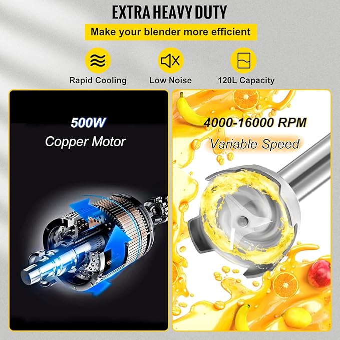 VBENLEM Commercial Immersion Blender 500W Power Hand Held Mixer with 19.7-Inch 304 Stainless Steel Removable Shaft Electric Stick Blender Variable Speed 4000-16000RPM