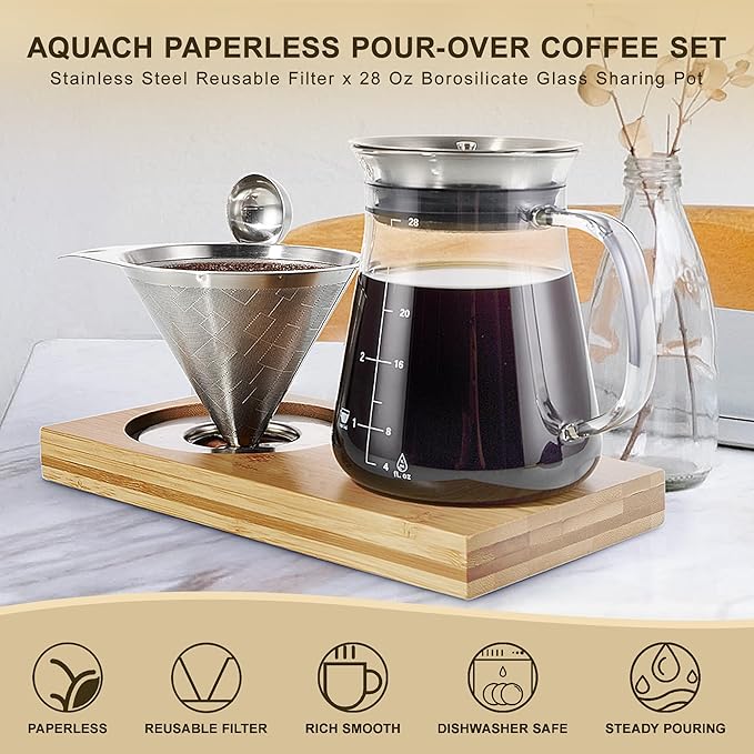 Aquach Pour Over Coffee Maker Set with Extra Large Coffee Dripper 28 oz Glass Carafe Stainlesss Steel Coffee Scoop and Bamboo Storage Tray Unique Set for Home or Office