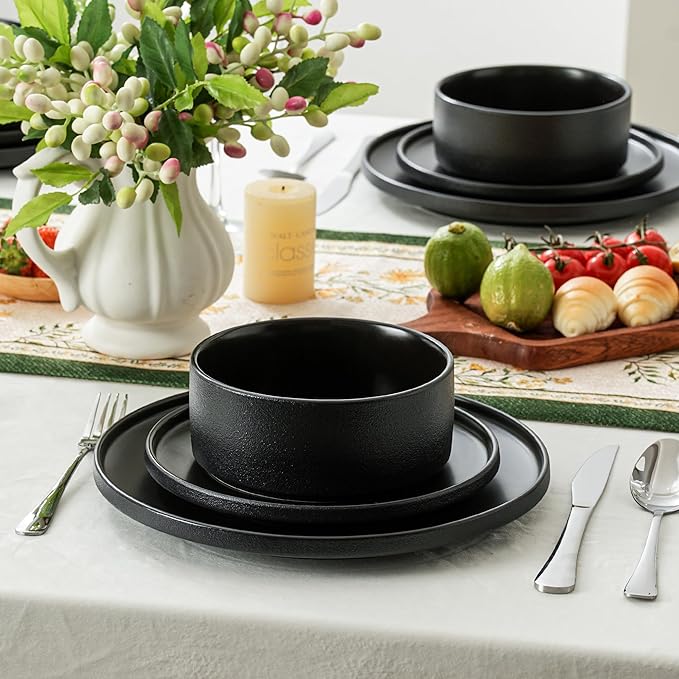Plates and Bowls Sets 12 Piece Ceramic Dinnerware Set for Family and Gatherings Dishes Set for 4 Dishwasher &amp Microwave Safe Handcrafted Stoneware Sets Modern Black