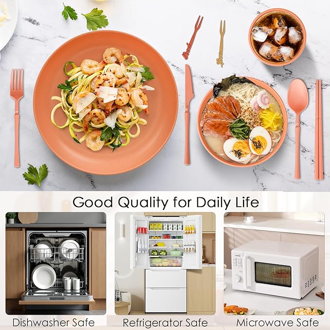 66pcs Unbreakable Tableware Sets for 6 People Plastic Plates and Bowls SetLightweight Plastic Reusable Plates Bowls CupsCutlery Set Straw ForksChildren Dinnerware Set