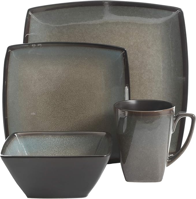 Gibson Elite Tequesta Square Reactive Glaze Stoneware Plates and Bowls Dishes Dinnerware Set Service for 4 (16pcs) Taupe