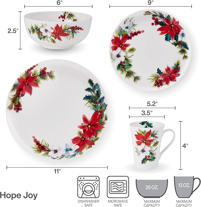 Mikasa Hope Joy Holiday Poinsettia Bone China Lightweight Chip Resistant 16 Piece Dinnerware Set Service for 4 Multicolor