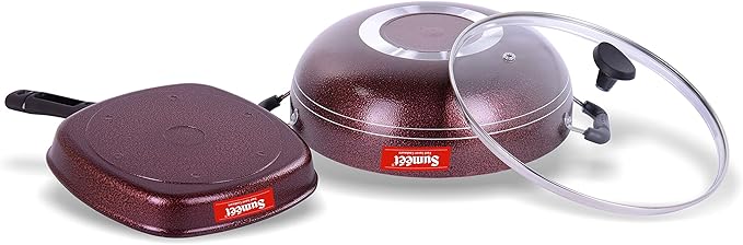 Sumeet Nonstick Granite Finish 2pc SPLENDOR Cookware set (Grill Pan 22cm Dia + Kadhai With Glass Lid - 2.5 Ltr Capacity - 24.5cm Dia)