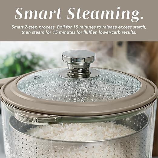 COOK WITH COLOR 3L Glass Mini Low Carb Rice Cooker – Holds 2 Cups Raw/Makes 6 Cups Cooked with Auto Lift Filter Basket Hotpot &amp Steamer for Rice Grains Digital Panel with Keep Warm Greige