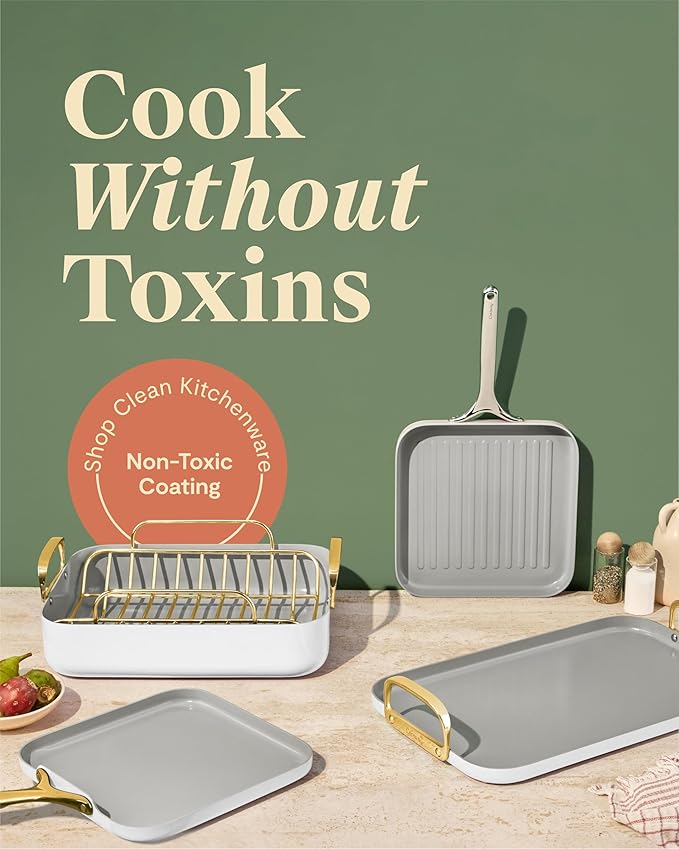 Caraway Square Cookware Set - Square Pans Set - Perfect for Griddling Toasting Searing Roasting and More - Non-Stick Ceramic Coated Pans - Non Toxic PTFE &amp PFOA Free - White