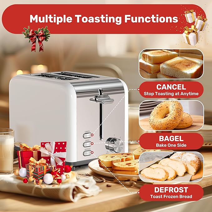 YSSOA Stainless Steel Toaster 2 Slice with Extra Wide Slot &amp Removable Crumb Tray 6 Shade Settings and Bagel/Defrost/Cancel Functions Compact Oven for Various Bread &amp Waffle White New
