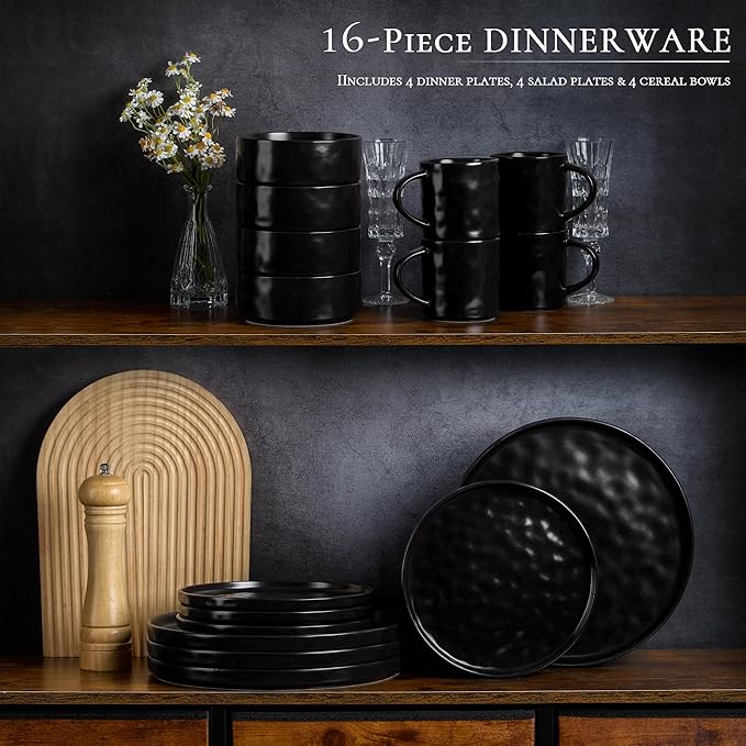 Vesteel 16-Piece Dinnerware Sets Stoneware Dish and Bowls Set for 4 Handmade Reactive Glaze Coupe Plates Set Chip &amp Scratch Resistant - Matte Black
