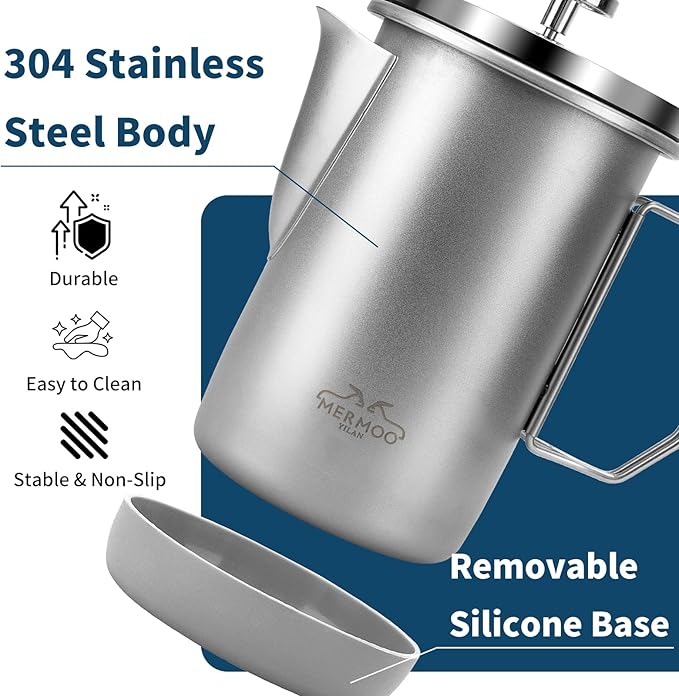 MERMOO YILAN Stainless Steel French Press Coffee Maker Manual Milk Frother 32oz for 4-6 Cup Foldable Handle Insulated Coffee Press Portable for Camping Home Use (Black)