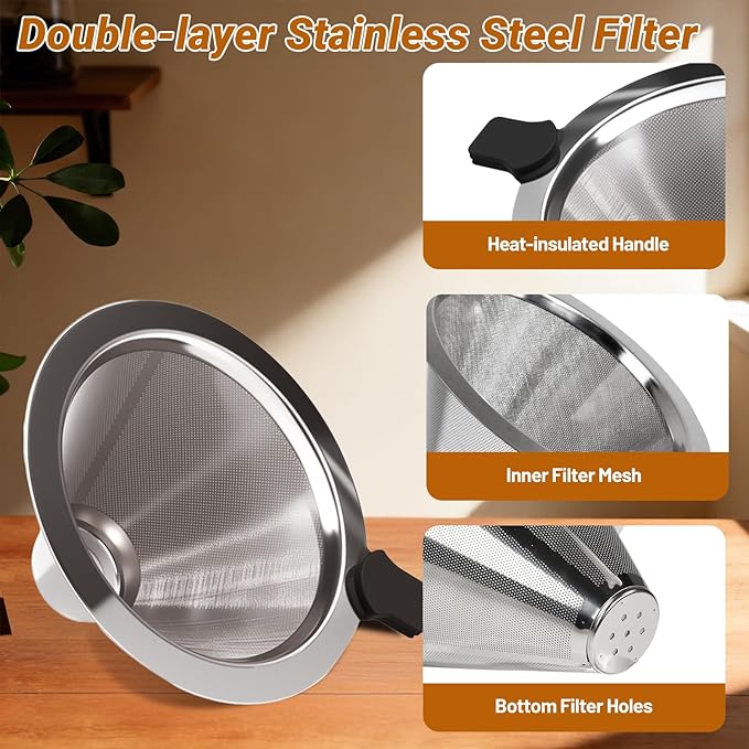 Coffee Pour Over 33.8oz 1000ml High Borosilicate Glass Pour Over Coffee Maker Set Camping with Reusable 304 Stainless Steel Filter Hand Brew Carafe Drip Suitable for Electric Ceramic Stove