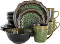 16 Piece Green Stoneware Dinnerware Set – Textured Plates Bowls and Mugs Microwave &amp Dishwasher Safe High Gloss and Matte Finish