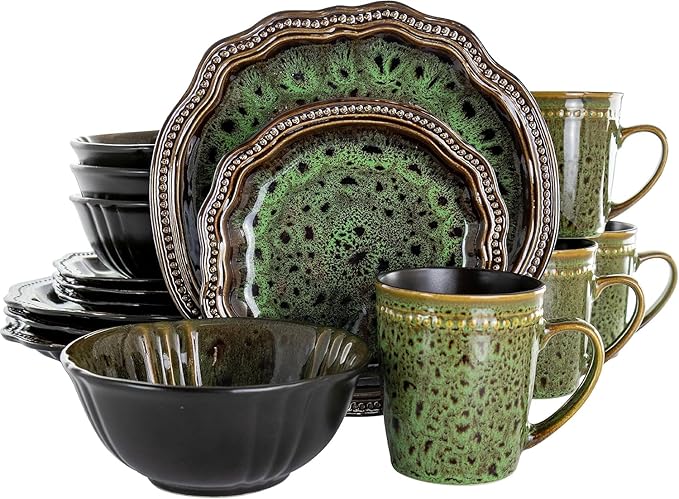 16 Piece Green Stoneware Dinnerware Set – Textured Plates Bowls and Mugs Microwave &amp Dishwasher Safe High Gloss and Matte Finish