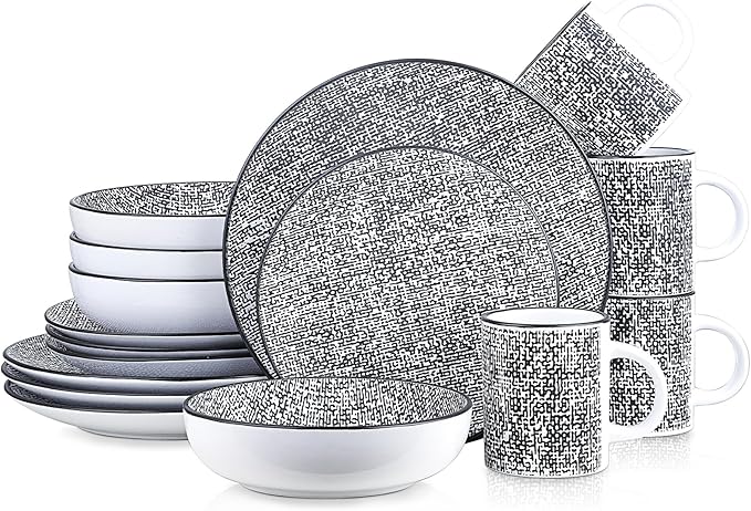 Stone Lain Sophie Rustic Stoneware Dinnerware Service for 4 Black and White Textured 16 Pieces
