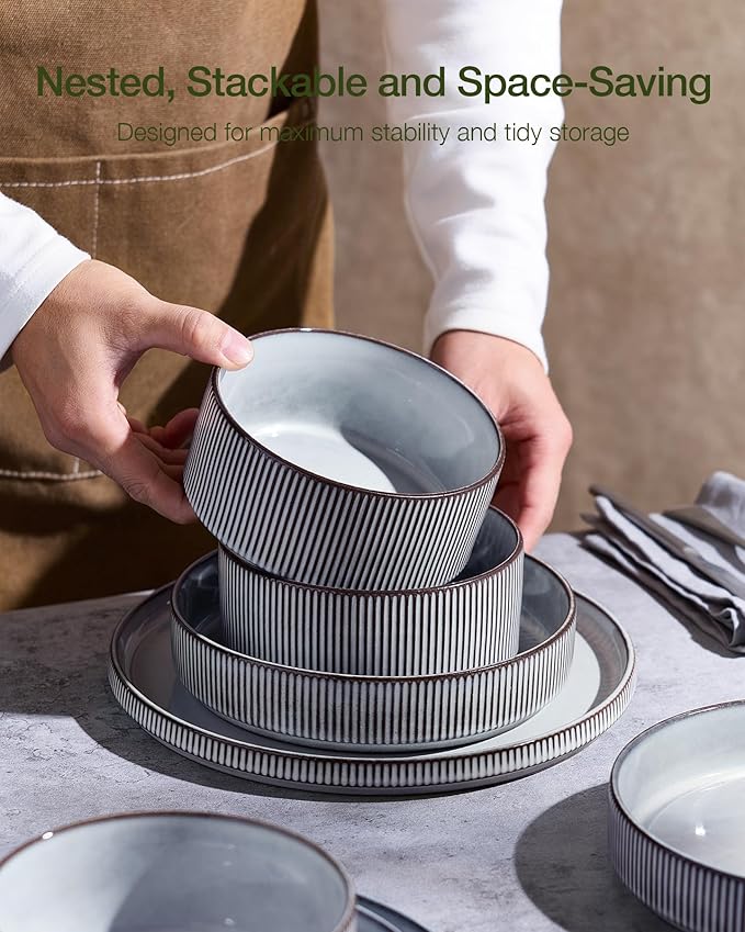famiware Star Plates and Bowls Sets Modern Stoneware Dinnerware Sets for 6 18-Piece Kitchen Dish Set - Chip and Scratch Resistant Microwave and Dishwasher Safe Tableware Smoky Blue