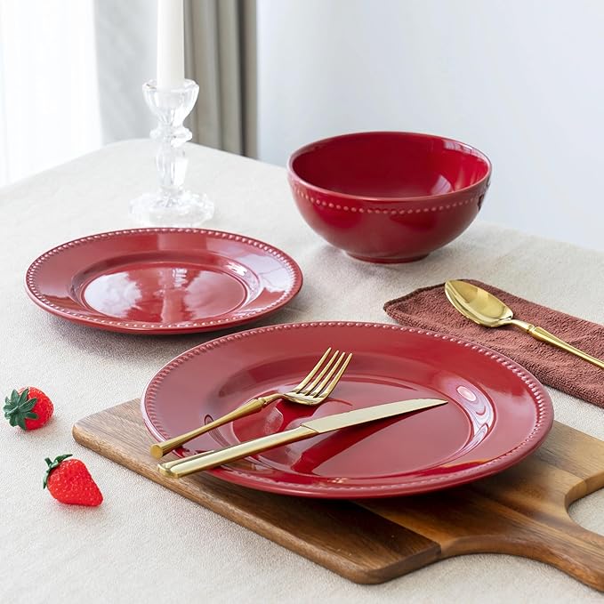 12-Piece Stoneware Dinnerware Set in Redincluding 4 Dinner Plates 4 Salad Plates 4 Bowlsperfect for family dinners casual gatherings or adding a pop of color to your table