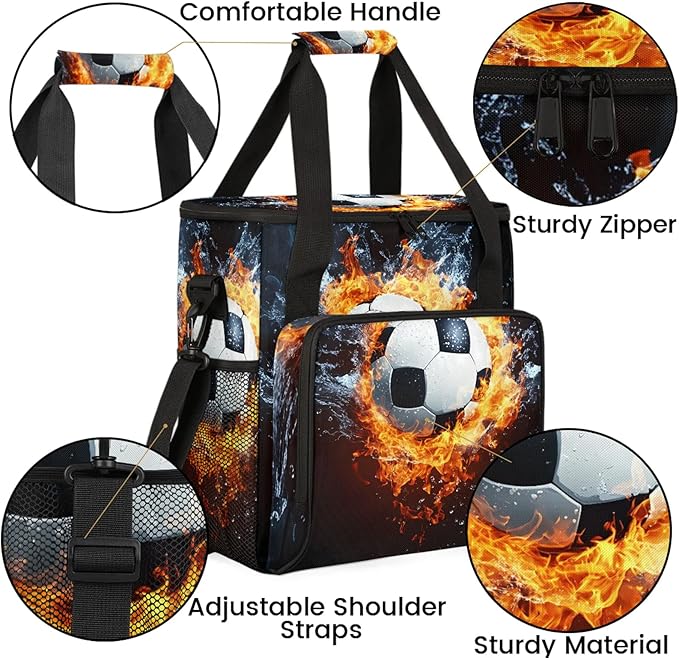Fire Soccer Ball Coffee Maker Travel Bag Sports Football Insulated Grocery Bag Travel Picnic Leakproof Cooler Bags With Shoulder Strap