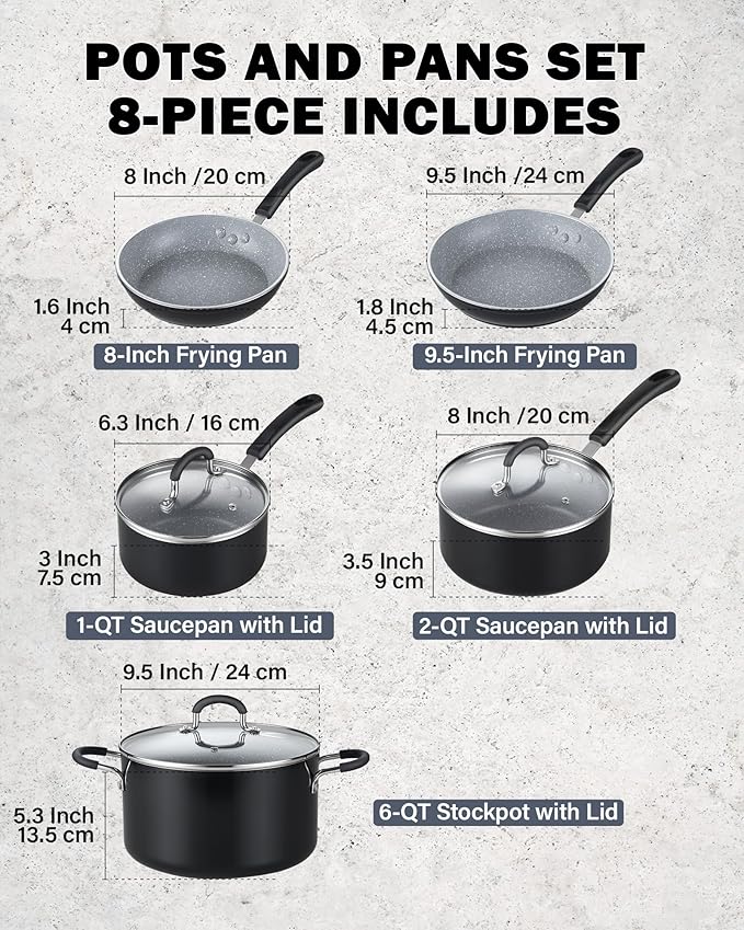 Cook N Home Pots and Pans Nonstick Kitchen Cookware Sets include Saucepan Frying Pan Stockpots 8-Piece Heavy Gauge Stay Cool Handle Marble