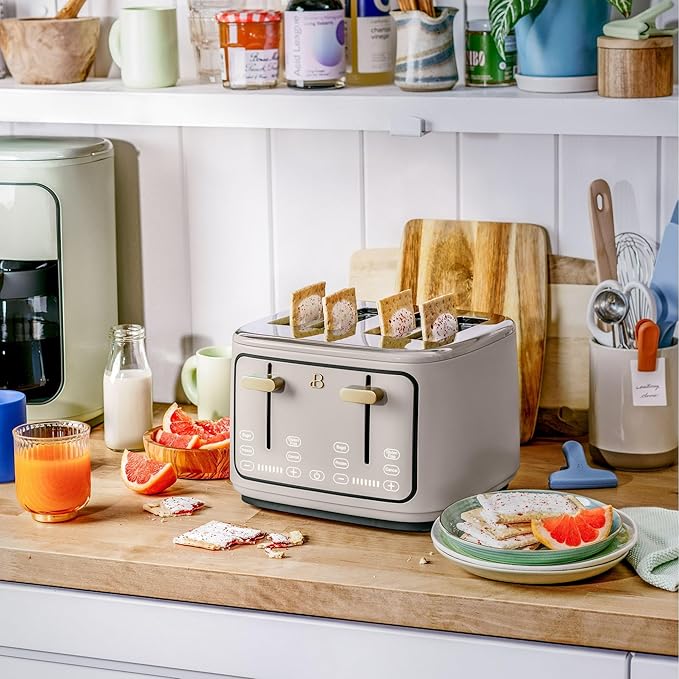 Toaster with Touch Activated Display by Drew BarrymoreExtra-Wide Slots 7 Settings Reheat Functions LED Countdown Timer (Porcini Taupe)