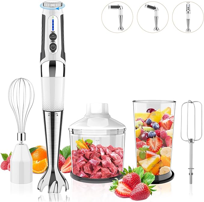Toogel Cordless Immersion Blender 4-in-1 Electric Hand Blender with 21-Speed &amp 3-Angle Adjust USB Rechargeable BPA-Free &amp Dishwasher Safe for Baby Food Smoothies Soup (White)