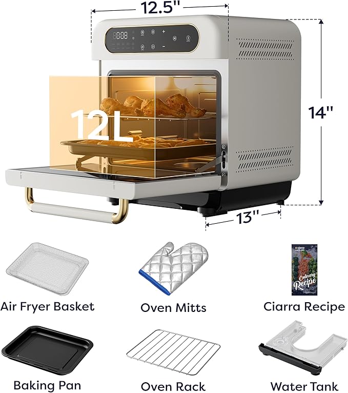 CIARRA 8-in-1 Air Fryer Steam Oven Countertop 13QT Mini Toaster Oven with Steam Rapid Steam Air Fry Vapor Bake Steam Clean Bake Dried Ferment White