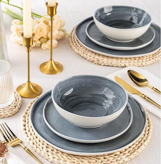 LERATIO Ceramic Dinnerware Sets for 4Porcelain Plates and Bowls Sets with Wavy EdgeMicrowave &amp Dishwasher &amp Oven SafeLight Weight &amp Scratch Resistant Dishes Sets-Service for 4-Jean blue