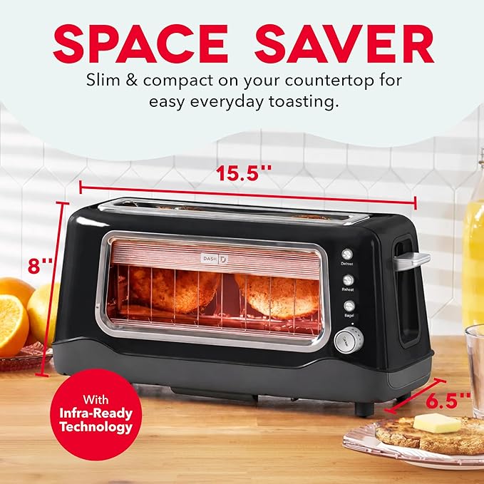 Dash Clear View Toaster - Features Large Window &amp Extra-Wide Slots - Auto-Shut Off Feature - Bagel Functions &amp Seven-Browning Levels - 1-Touch Defrost - Black