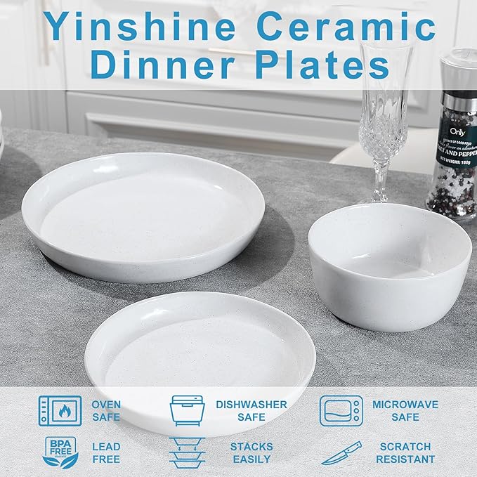 12pcs Ceramic Plate and Bowl SetsStoneware Dinnerware SetsService for 4Ceramic Kitchen Dinner SetPorcelain Dishes SetMicrowave&ampDishwasher SafeWhite