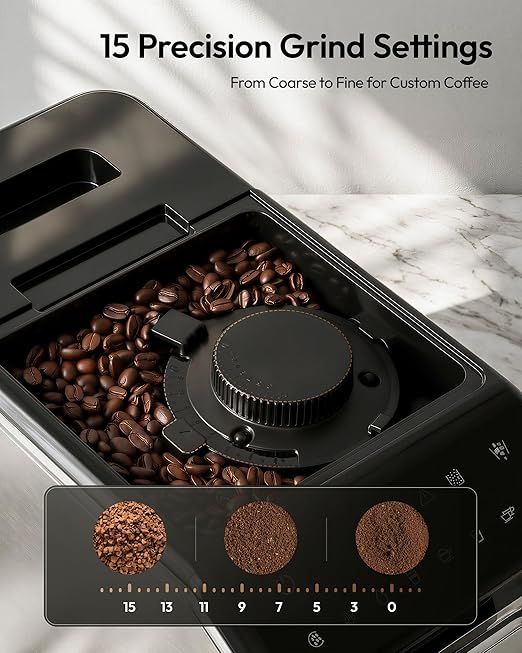 EUHOMY Fully Automatic Espresso Machine 20 Bar Coffee Maker with Grinder and Integrated Milk Frother Automatic Espresso Machine with Touch Screen 15-Grind Settings Coffee Machine for Home Silver