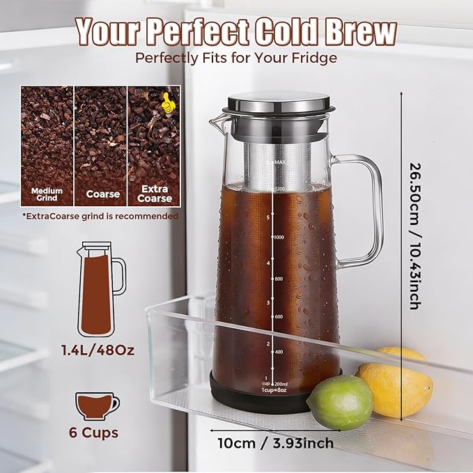 Cold Brew Coffee Maker 1.4L/48oz with Handle Extended Stainless Steel Filter for Deep Extraction Iced Tea Pitcher with Non-Slip Base Includes Cleaning Brush &amp Long Stirring Spoon