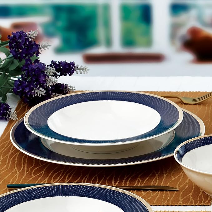 HOMEHUT 24 Piece Dinnerware Set-Bone China - Elegant Navy and Gold Design Lightweight Yet Durable Perfect for Formal Dining and Entertaining Guests Service for 4 people
