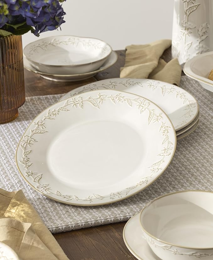 Lenox Dinnerware Set Homespun 12-Piece Set Service For 4 Stoneware Material Dishwasher &amp Microwave Safe Home And Kitchen Dishes Kitchen And Dining Plates And Bowls Sets (White 12 Pieces)