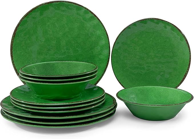 LEHAHA Vintage Crackle Melamine Dinnerware Sets 12 Piece Plates and Bowls Sets Great for Camping RV. Durable and Chip Resistant Farmhouse Dishes Set Service for 4(Green)