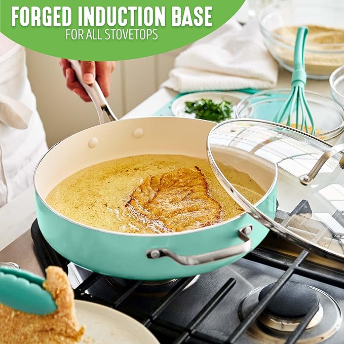 GreenLife Artisan Healthy Ceramic Nonstick 5QT Saute Pan Jumbo Cooker with Helper Handle and Lid Stainless Steel Handle Induction PFAS-Free Dishwasher Safe Oven Safe Turquoise
