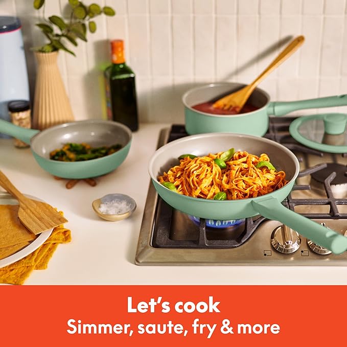 bella 7 Piece Cookware Set with EverGood™ Ceramic Nonstick Coating Dishwasher Safe Oven Safe All Stovetops Compatible Glass Lids with Silicone Rims Cool Touch Handles Seaglass