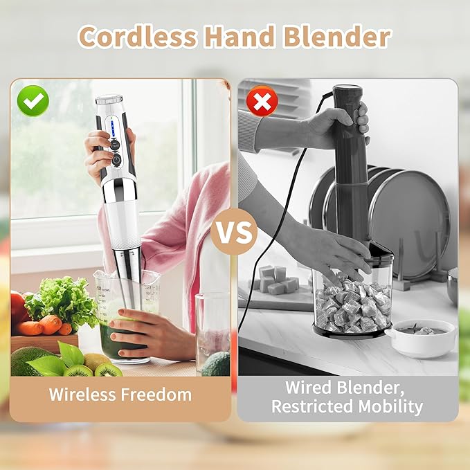 Toogel Cordless Immersion Blender 4-in-1 Electric Hand Blender with 21-Speed &amp 3-Angle Adjust USB Rechargeable BPA-Free &amp Dishwasher Safe for Baby Food Smoothies Soup (White)