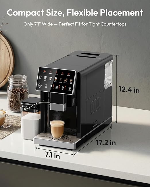 Automatic Espresso Machine 20 Bar Coffee Maker with Grinder Built in Milk Frother 15-Grind Settings Fully Automatic Espresso Machine with Touch Screen Auto Self-Cleaning for Cappuccino &amp Latte