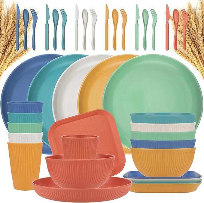 42-Piece Plates and Bowls Sets Wheat Straw Dinnerware Sets Service for 6 Unbreakable Dishwasher Microwave Safe Dishes Set Cups Sets Dinner Plates and Bowls Set for Kitchen
