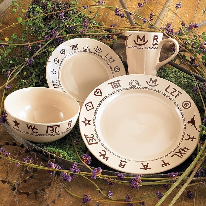 Black Forest Decor Cattle Branded Dinnerware Set - Rustic 16-Piece Stoneware for Ranch &amp Western Dining