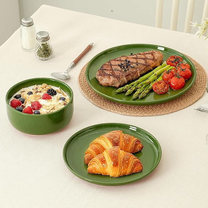 Stoneware Cereal and Soup Bowls Set of 4 6-Inch Dual Glaze Ceramic Bowls for Breakfast &amp Oatmeal Microwave and Dishwasher Safe Forest Glaze Green