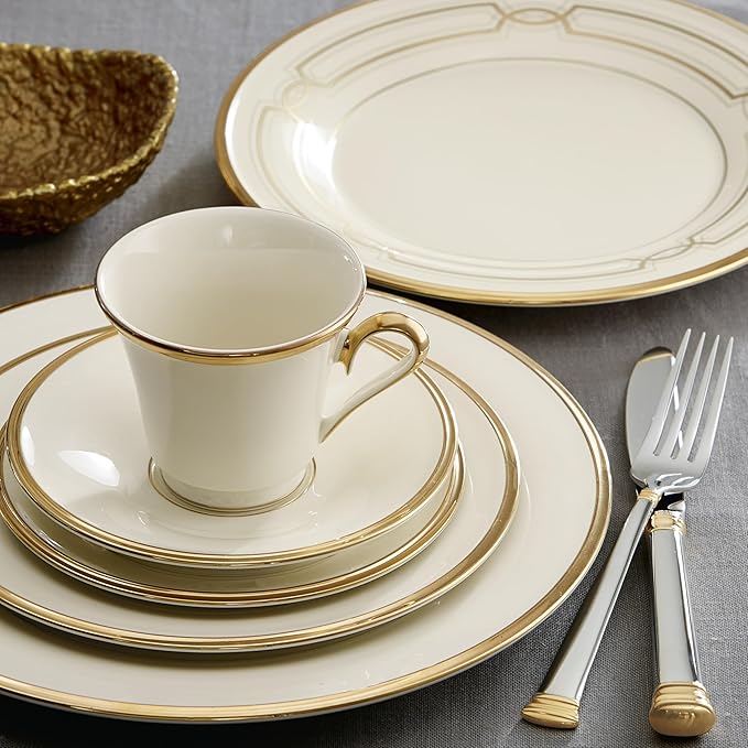 Lenox Dinnerware Set Eternal 5-Piece Place Setting 24-Karat Gold Accents Set Service for 1 Made Of Ivory Porcelain Dishwasher Safe Plates Cups And Saucers Home And Kitchen (Ivory 5 Pcs)